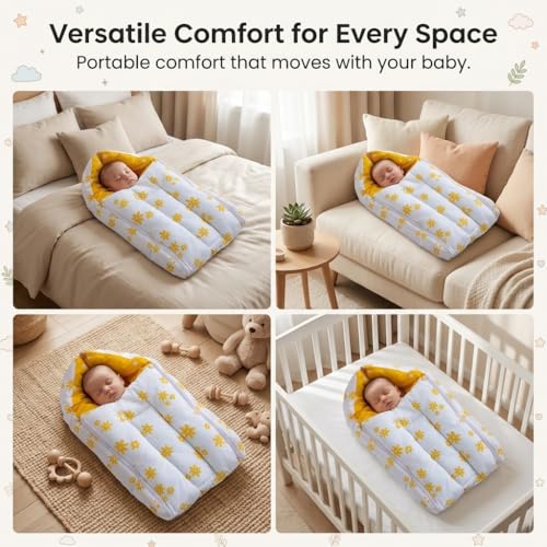Image of 3-in-1 Baby Sleeping Bag & Carry Nest - Yellow Unisex Baby Nest + 100% Cotton Swaddle Wrap 0-3 Months, Orange Daisy Design - Skin-Friendly, Breathable, Multi-Purpose Bedding Set for Newborns