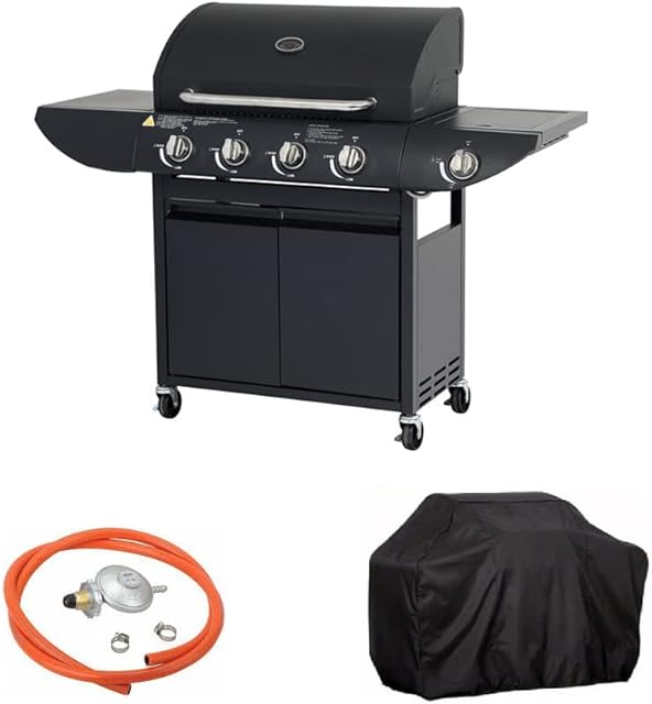Campfire Gas BBQ 4+1 Burner Gas Barbecue with Warming Rack, Side Burner, Temperature Gauge, Cabinet Storage Shelf & Wheels Portable Steel & Chrome For Outdoor Entertaining and Living Black