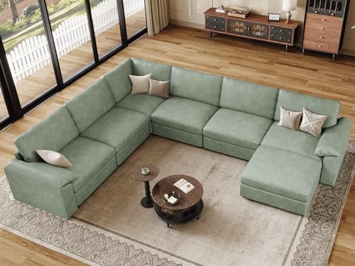 Image of EASE MOOSE Faux Leather Sectional with Ottoman,Oversized Modular Couch,Vintage Modular Sectional Sofa with Deep Seat,Scratch Resistant Faux Leather Material,U Shaped Couch for Big Spaces, Green