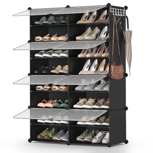 SONGMICS Shoe Rack Organizer, 8-Tier Shoe Storage Cabinet for Closet and Entryway, Holds 32 Pairs of Shoes, Adjustable, Ink Black and Trasparent ULPC034B01