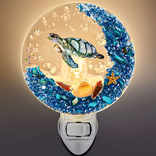 Image of Hortsun Plug in Seashell Night Light Ocean Sea Animal Decorative Night Light Plug in Beach Lamps Vintage Ocean Lamps for Adult for Home Bedroom Living Room Bathroom Wall (Sea Turtle)