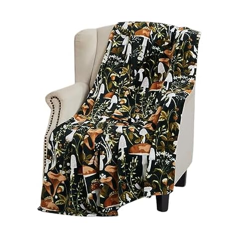 Serafina Home Mushroom Fleece Throw Blanket: Floral Forest Black Brown Beige and White, 50" x 70" Cover