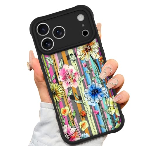 AIGOMARA Magnetic Case for iPhone 17 Pro, Striped Floral - Black