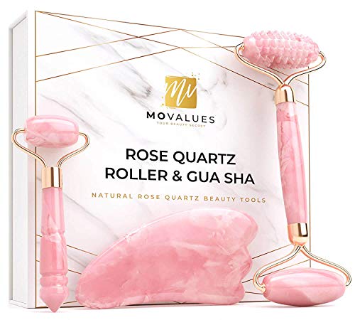 Rose Quartz Roller with Gua Sha, Mini Eye Roller set - Jade Roller