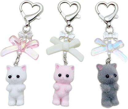 Cat Keychain Cute Cat Keychain Fuzzy Kitty Cat Key Ring Y2k Bow Heart Pendant Bag Charm for Women Girls 3pcs
