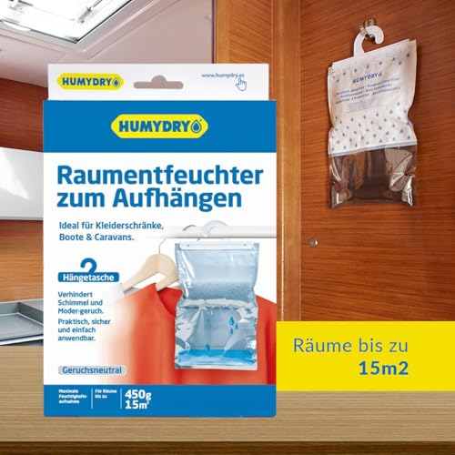 Feuchtraumsäcke- Kleiderbügel- Feuchtigkeitsaufhänger- Ideal zum Absorbieren von Feuchtigkeit aus Kleiderschränken, Badezimmern und Schlafzimmern- 450g Beutel- Humydry-4