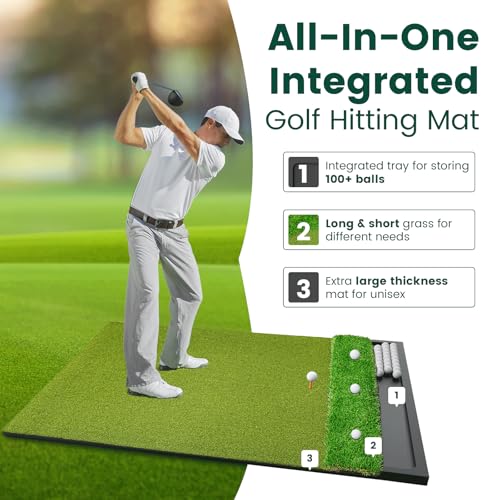 Image of Dual Turf Golf Hitting Mat with Ball Tray, Integrated Golf Practice Mat for Indoor & Outdoor Use Golf Training Mat with 3 Tees
