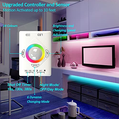 Lacasa Motion Sensor Led Strips, Rgb And Warm White Under Bed Night Light Strip 3.28Ft, 14 Colors And 6 Changing Mode Dimmable Mood Light, For Bedroom, Bathroom, Bar, Closet, Usb Rechargeable Battery #TOP2