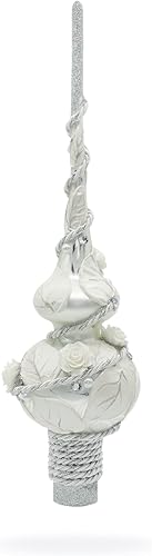 Miniatura 7 de Rosas blancas dimensionales con hojas sobre vidrio soplado blanco para árbol de Navidad, 11 pulgadas