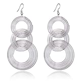 Women Gold Plated Long 70s Disco Earrings hoop round 3 circles Multi-layer drop big alloy geometric party wear Earring (disco earrings Silver)