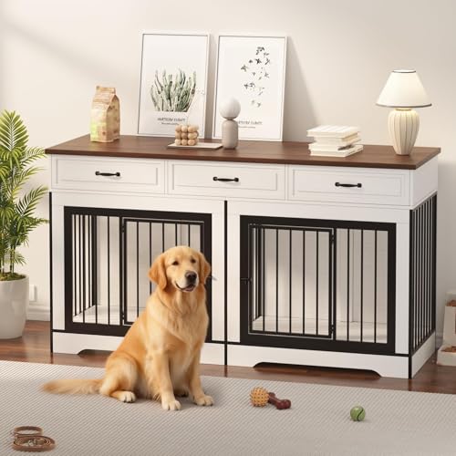 XL Dog Crate Furniture for 2 Dogs Heavy Duty Double Dog Crates with 3 Drawers for Medium/Large Dogs