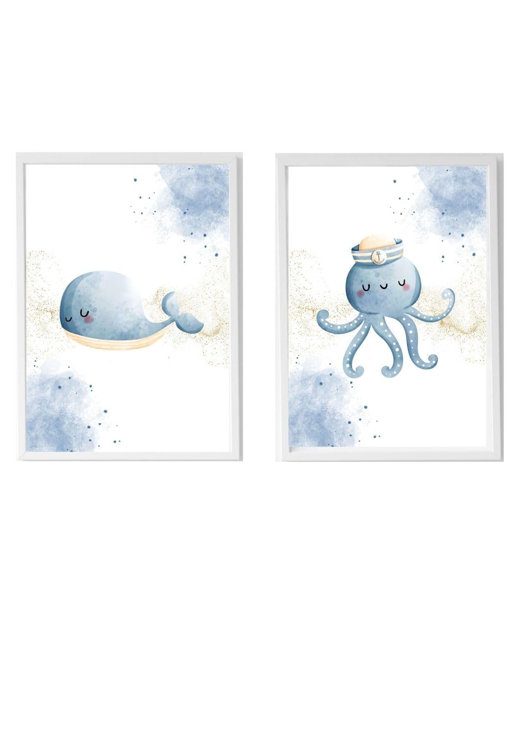Affiche baleine bleue et poulpe en lot de 2 posters pour décoration murale de chambre enfant