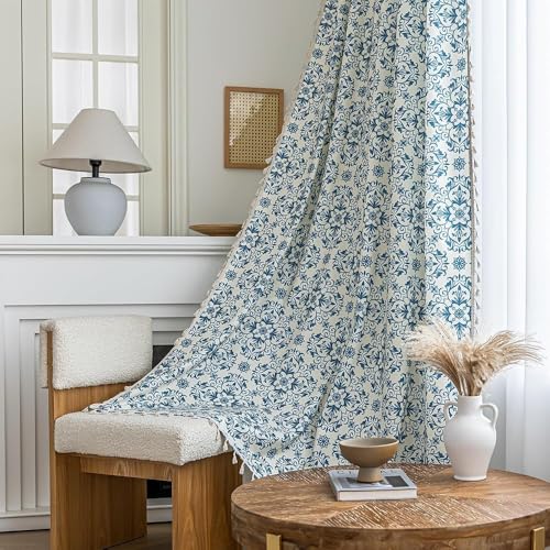 Image of Blue Floral Curtains 63 Inches Long, Boho Farmhouse Light Filtering Rod Pocket Drapes with Tassel Trim for Bedroom Living Room, 2 Panels
