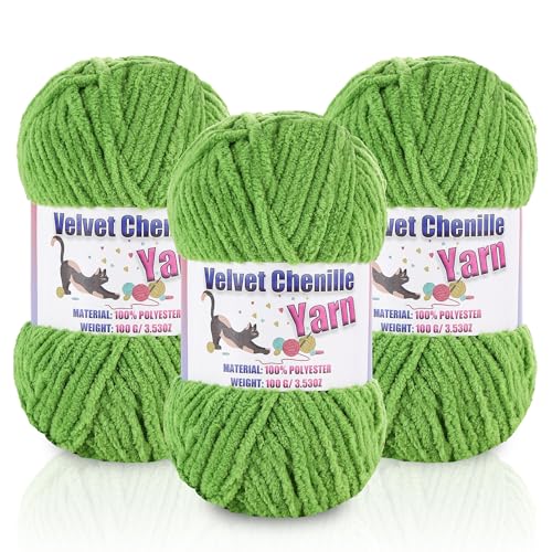 Image of 3 * 100g /3.5oz Fluffy Chenille Yarn for Crocheting, Chunky Velvet Yarn for Crochet Amigurumi, Used for Making Baby Yarns Blanket, Clothes, Pattern Knitting Creations (Grass Green)