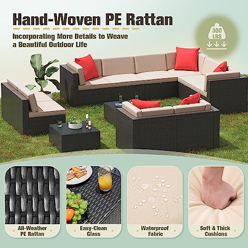 Image of Greesum Patio Furniture Sets 12-Pieces Outdoor PE Rattan Sectional Sofa with Thickened Cushions and Glass Coffee Table, OneSize, Beige