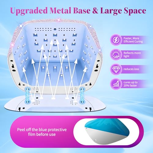 Image of HUGMAPLE Cordless UV LED Nail Lamp with Sparkling Silver Diamond, 72W Rechargeable Nail Dryer for Gel Nails, Fast Curing Light with 4 Timer Settings, Mirror Base, Touch Control for Salon & Home