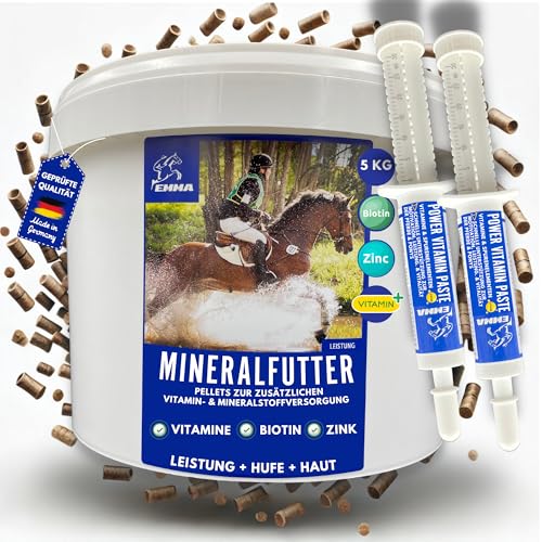EMMA Mineralfutter Pferd 5kg + 2×30ml Vitaminpaste | Biotin Zink Selen Magnesium | Fellwechsel & Hufpflege | Mineralien Pellets hochdosiert | Pferdefutter für Huf Fell Muskel Immunsystem
