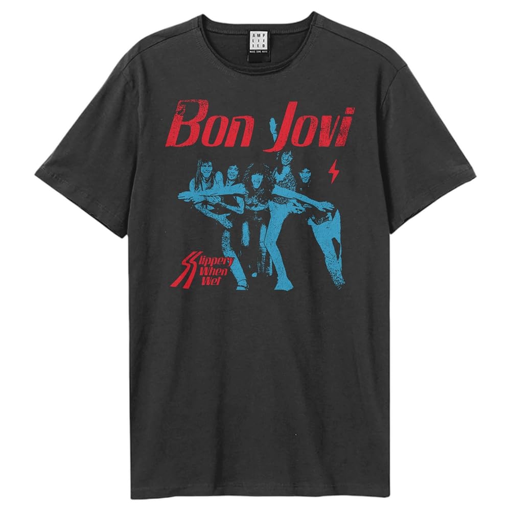 Amplified Men's Charcoal Unisex Adult Slippery When Wet Bon Jovi T-Shirt (3Xl) (Charcoal)