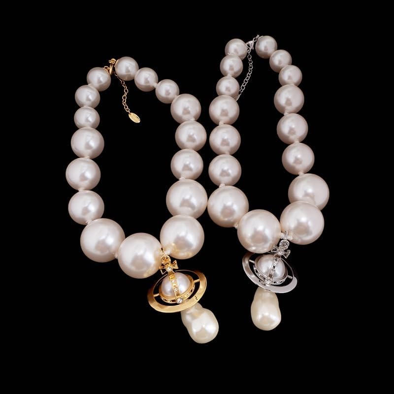 Pearl Necklaces of Saturn for Women - Punk Pearl Chain Saturn Pendant Necklace(Silver)