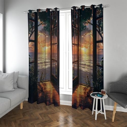 UIRINGART Sunrise Beach Ojal Cortinas Opacas Escena Costera Cortinas con Aislamiento térmico Cortinas de Ventana insonorizadas Suaves para Dormitorio Sala de Estar 2 Paneles H229xB168
