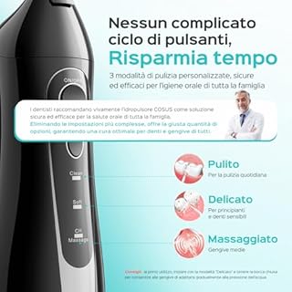 COSLUS C20 Idropulsore Dentale Portatile Senza Fili, 300 ML Irrigatore Idropulsore Ricaricabile Foppio Flusso Impermeabile IPX7 Water Orale Flosser Pulizia Denti Ideale per Viaggi a Casa Nero