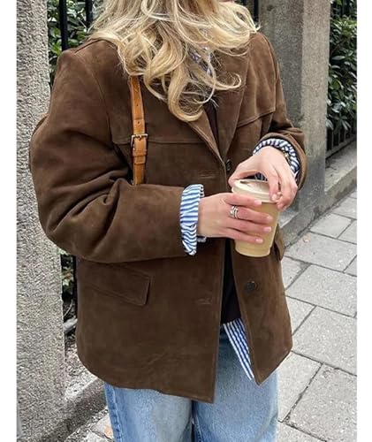 SEMATOMALA Women's Y2K Faux Suede Jacket Blazer Dark Brown Button Down Boyfriend Fall Winter Shacket Coat4