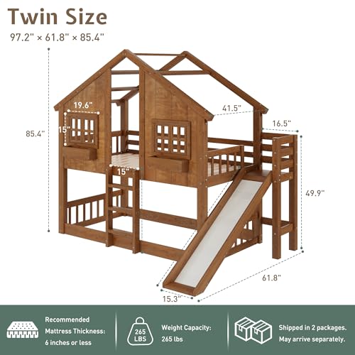 Image of Jocisland Twin Over Twin Bunk Bed with Slide and Ladder, Solid Wood, Oak | Play House Bunk Bed, 14 inch Safety Guardrails, Window Box Shelf, No Box Spring Needed, Noise-Free, Easy assembly