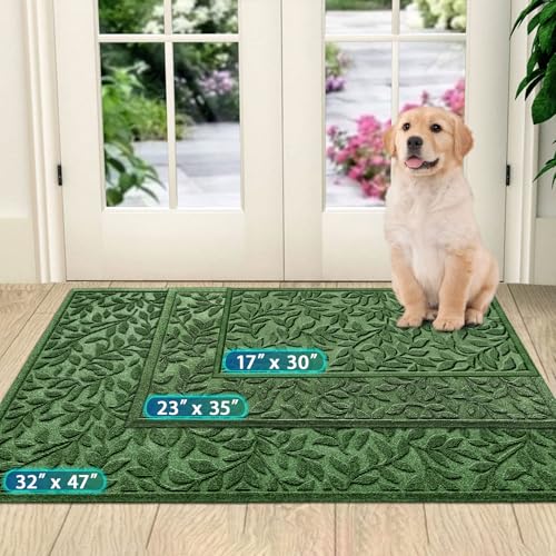 Bulijojo Sturdy Front Entrance Doormats,Durable Heavy Duty Welcome Mat,Thick Absorbent Natural Rubber Non Slip Mat,Easy Clean Entryway Mat 17x30 Inch Leaves Green