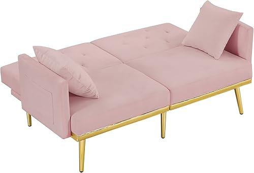 Miniatura 19 de Moderno sofá biplaza de terciopelo de 59 pulgadas con 2 bolsillos, sofá cama convertible tapizado con respaldo múltiple ajustable, sofá futón con