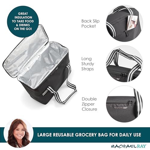 Rachael Ray Field Tote - Soft Sided Zippered Cooler Bag, Insulated & Leak Proof Grocery Bag, Portable Travel Cooler, Hot or Cold Carrier, Black2
