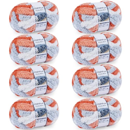 Cozyful Chunky Yarn for Hand Knitting - #10 Chunky Chenille Blanket Yarn Jumbo Big Thick Chunky Yarns for Crocheting Tie Dye Bulky Knit Yarns 8 Skein (20 yds 8 oz Each Skein) Multi Orange&Grey