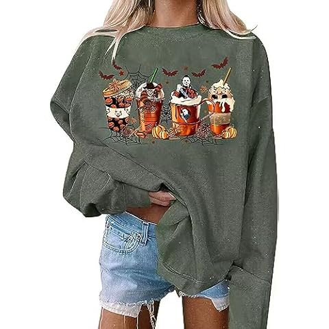 VKEGNIO Halloween Sweatshirt Women Horror Movie Pumpkin Coffee Graphic Sweatshirts Halloween Shirts Fall Crewneck Sweatshirt (Meduim, Green) Cover