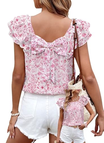 Image of Falechay Womens Bow Tie Back Tops Round Neck Ruffle Short Sleeve Shirts Cute Babydoll Chiffon Tee Women Summer Trendy Tunic