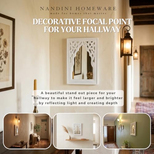 Image of Handcrafted Traditional White Rajasthani MDF Wooden Mirror Jharokha Wall Art | Rajasthani Heritage Boho Style Decorative Wall Hanging (White Rajasthani)