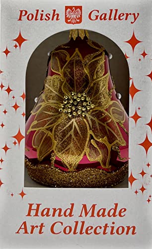 Polish Gallery Christmas Bell Ornament 4-Inch Blown Glass (Poinsettia Burgundy) #TOP4