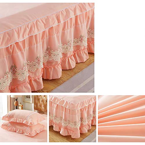 Cache-sommier lavé rose 180x220 cm avec drap-housse multi-volant - 4