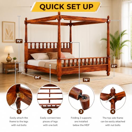 Image of Solid Wood Sheesham Poster Bed Size 84x76x75 in Four Poster Double Bed Furniture for Bedroom Home and Hotel (Queen Size) (Honey Finish)