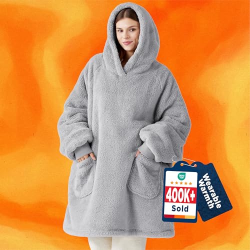 Bedsure Wearable Blanket Hoodie Women - Fluffy Fleece Hoodie Blanket for Men Warm & Cozy Gifts for Women Men Her Mum Gray XL