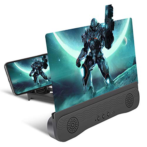 HD Screen Magnifier for Smartphones, 12" Phone Stand Screen Amplifier w/Bluetooth Speaker for Movies Videos Gaming, 3D Magnifier Projector Screen Compatible with All Smartphones (Black)