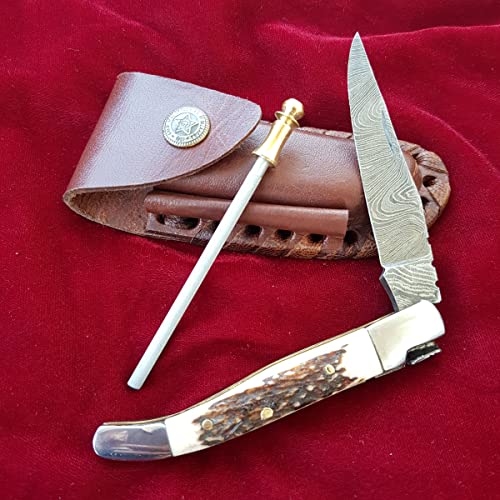 CRAFTOMATIK Couteau de poche en acier damassé | Couteau pliant Laguiole | Acier inoxydable | Manche en laiton | Couteau de camping | FK03