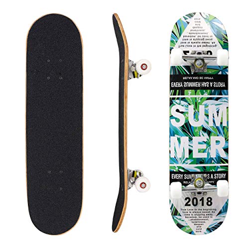 Geelife Skateboard 7 Layers Decks 31"x8" Pro Complete Skate Board Maple Wood Longboards for Teens Adults Beginners Girls Boys Kids (Summer)