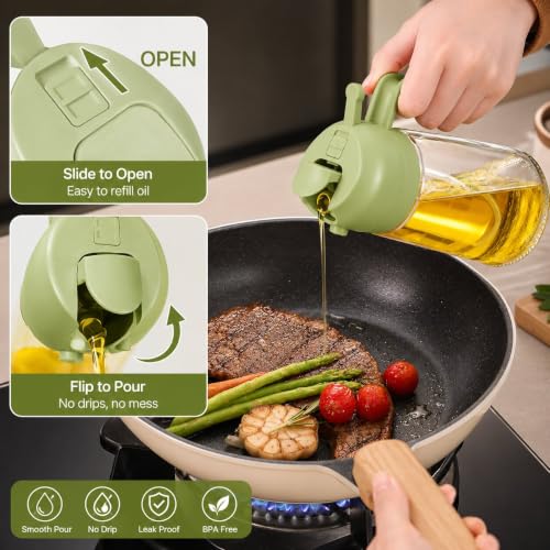 Image of 2-in-1 Oil Dispenser & Sprayer for Kitchen, 470ml Glass Olive Oil Spray Bottle w Fine Mist & Pour Spout + 200ml Plastic Silicone Brush Bottle, Leakproof, Cooking, BBQ Baking & Air Fryer Combo