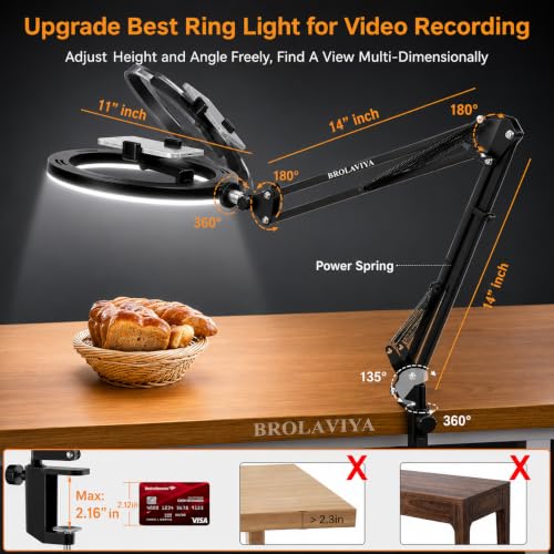 Image of BROLAVIYA Upgraded No Shadow Overhead Video Mobile Stand with 10inch Selfie Ring Light, Metal Arm,1 /4 inch Adaptor for Camera, GoPro and Flexible Mobile Bracket for Desktop, Bedroom, Office