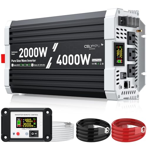 2000 watt Pure sine Wave Inverter 48V DC to 110V AC Power Inverter Used for Solar Emergency Power Supply in RV Homes with 3 AC Output sockets USB Port Type-C Port Remote Control with LCD Screen