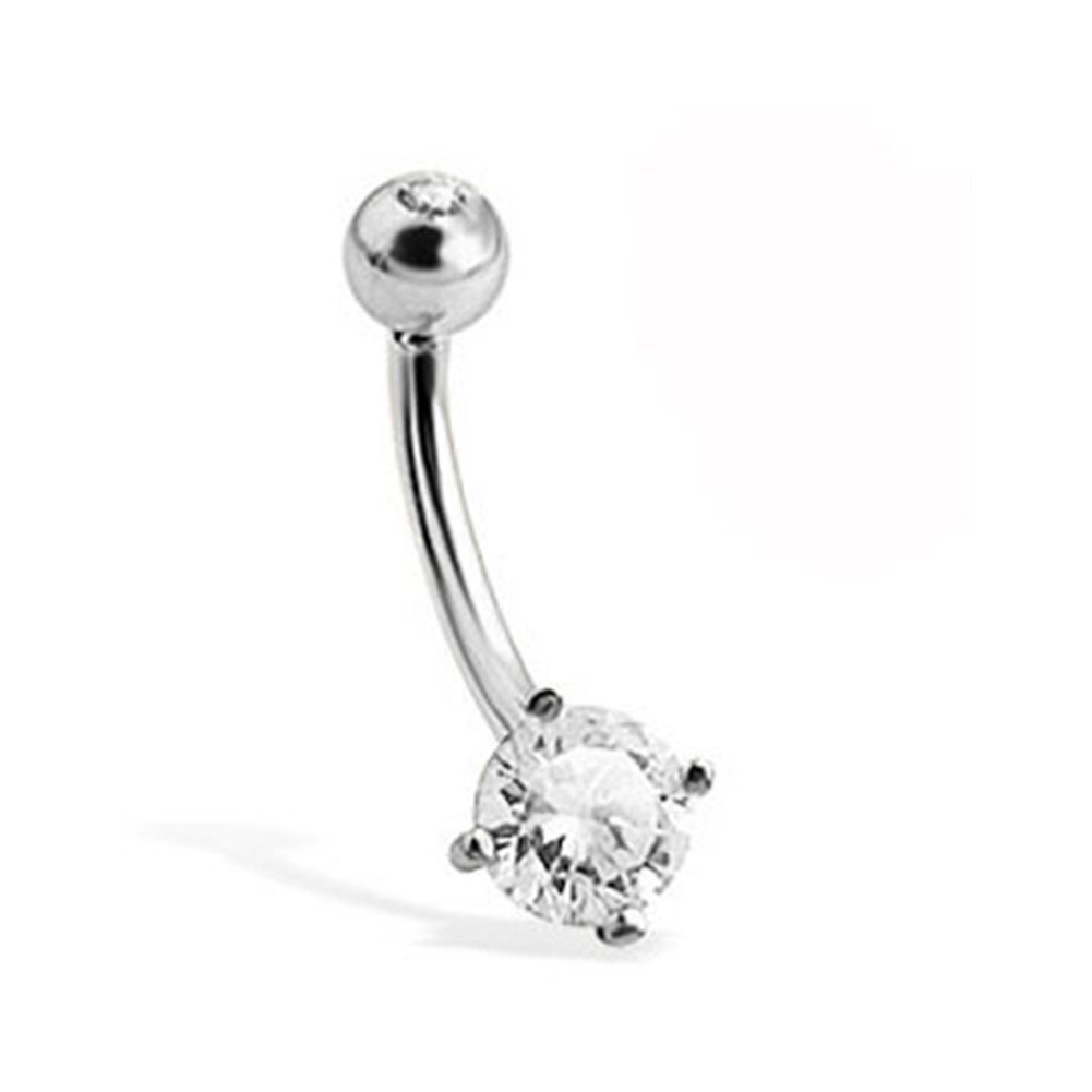 14K White Gold Belly Button Ring With Round Stone And Jeweled Top Ball