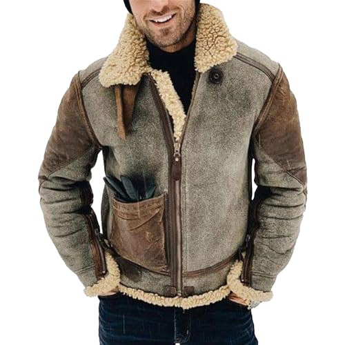 Men's Faux Leather Fleece Jacket Fur Collar Leather Heavyweight Jackets Sherpa Lined Retro Motorcycle Coat