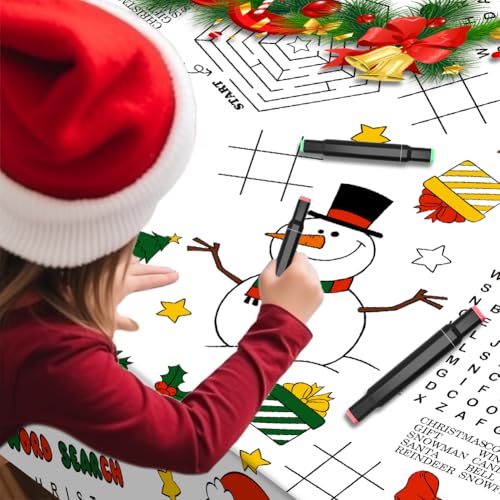 Labeol 1 Pack Christmas Tablecloth, Christmas Coloring Tablecloth for Kids, 54"x108" Giant Santa Claus Snowman Maze Color-in Paper Poster Table Cover for Winter Party Arts and Crafts – Image 4