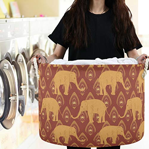 Image of visesunny Storage Basket Brown Elephant Peacock Feather Ethnic Indian Nursery Hamper Basket Clothes Toy Storage Organizer Bin Box Collapsible Laundry Bag for Kid Room,Playroom,Bathroom,Living Room,Dor