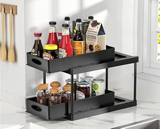 Under Sink Storage Shelf with Sliding Storage Drawer,Toolzia 2 Tier Kitchen Bathroom Storage Rack with 4 Hooks Sliding Storage Basket Shelf for Cosmetics Kitchen Bathroom Pantry Black