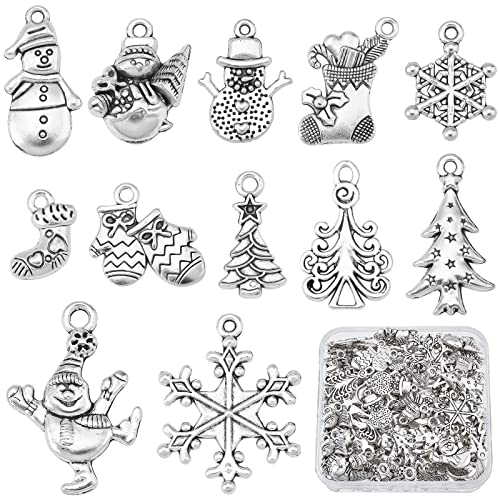 SUNNYCLUE 1 Box 120Pcs 12 Style Christmas Tibetan Style Charms Winter Theme Snowflake Pendants Antique Silver Snowman Pendants Metal Alloy Christmas tree Beads Bulk for Jewelry Making Charm DIY Craft
